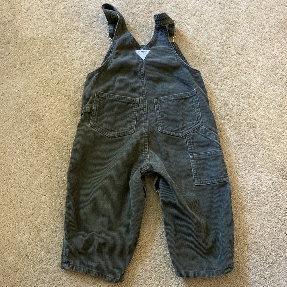 VINTAGE OSHKOSH TODDLER OLIVE GREEN CORDUROY OVERALLS BIB POCKET SIZE 18 MTHS - Picture 11 of 16